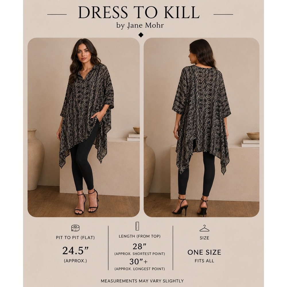 Dress To Kill Sheer Chain Print Tunic Top One Size Black Cream Asymmetrical EUC